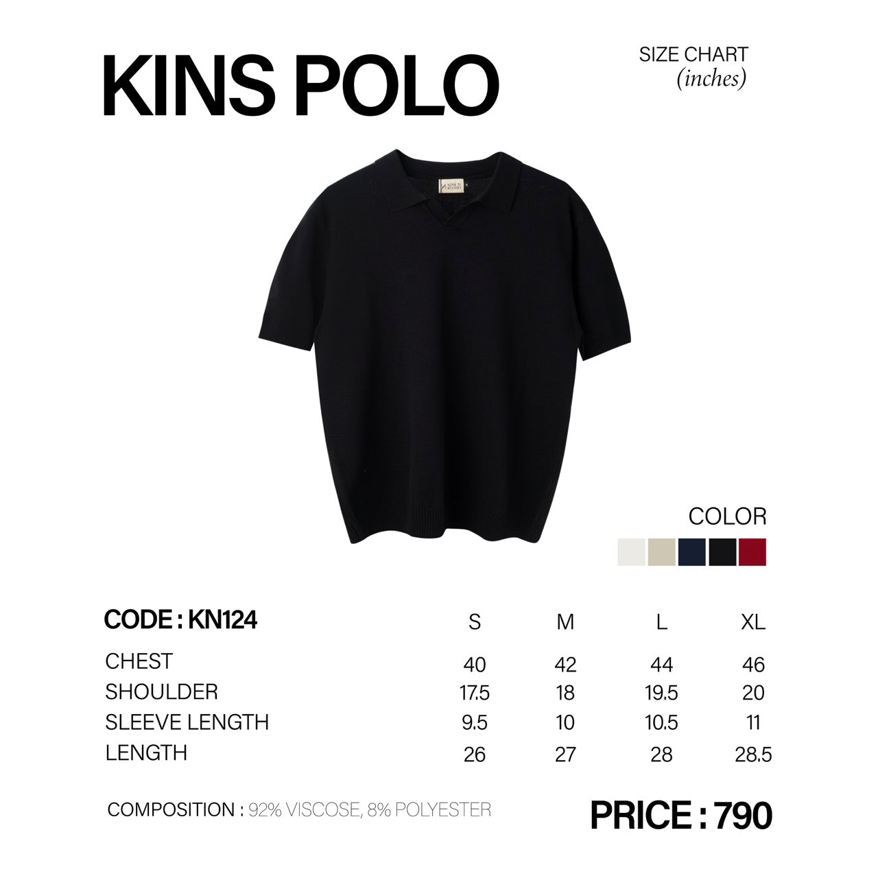 Size Chart & Composition – KN124 (S-XL, 92% Viscose, 8% Polyester)