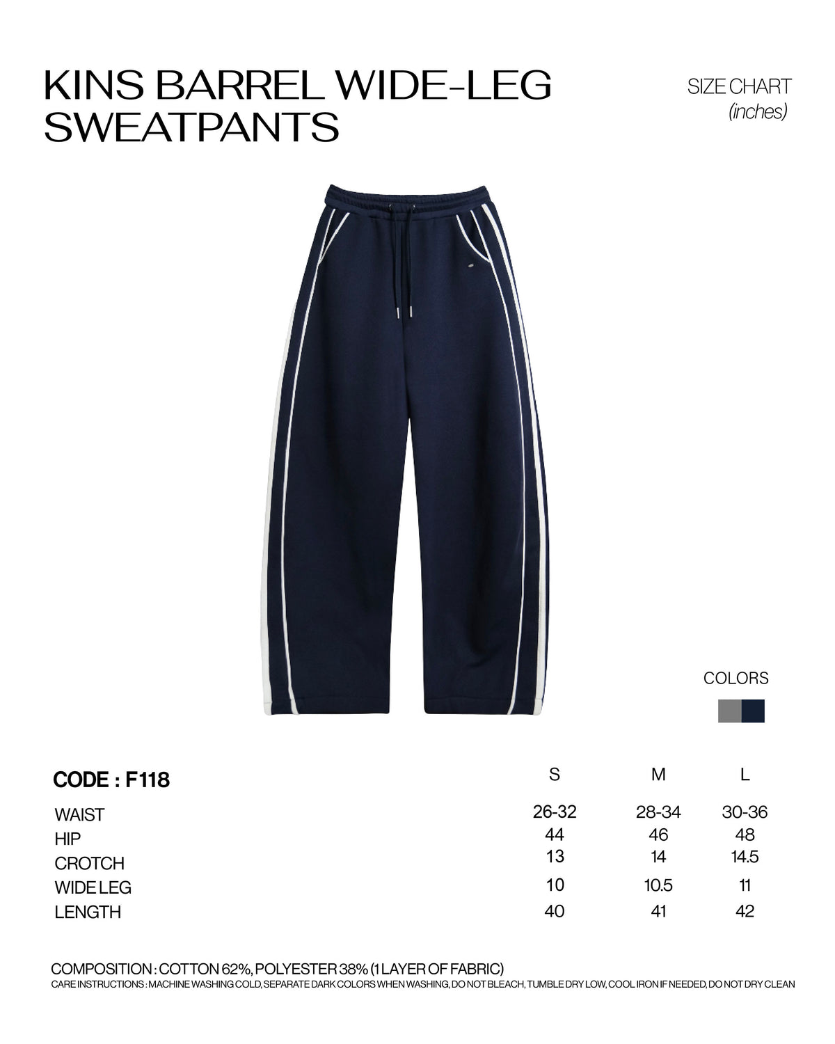 KINS Barrel Wide-leg Sweatpants [F118] size chart