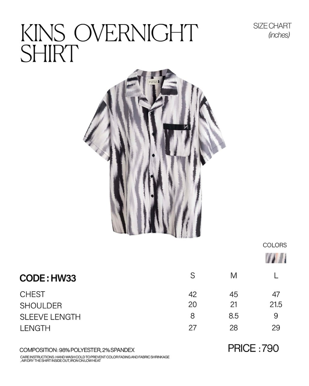 KINS OVERNIGHT SHIRT [HW33] size chart