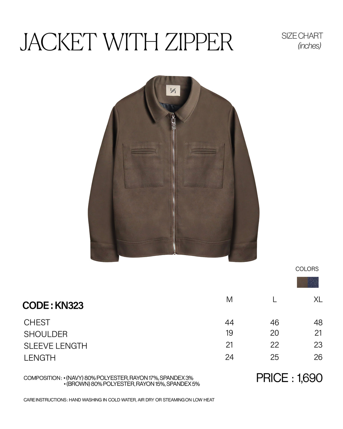 URBAN GLOW ZIP JACKET [KN323] size chart