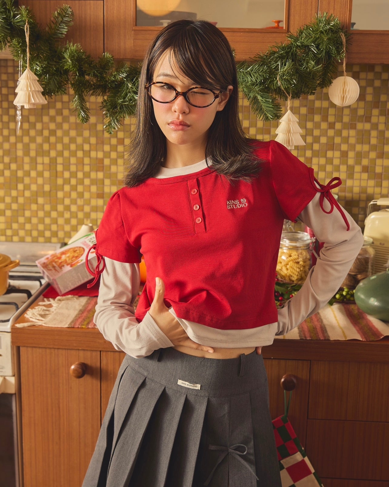 KINS 19 STUDIO | KINS Ribbon Sleeve Henley Top [KN143]