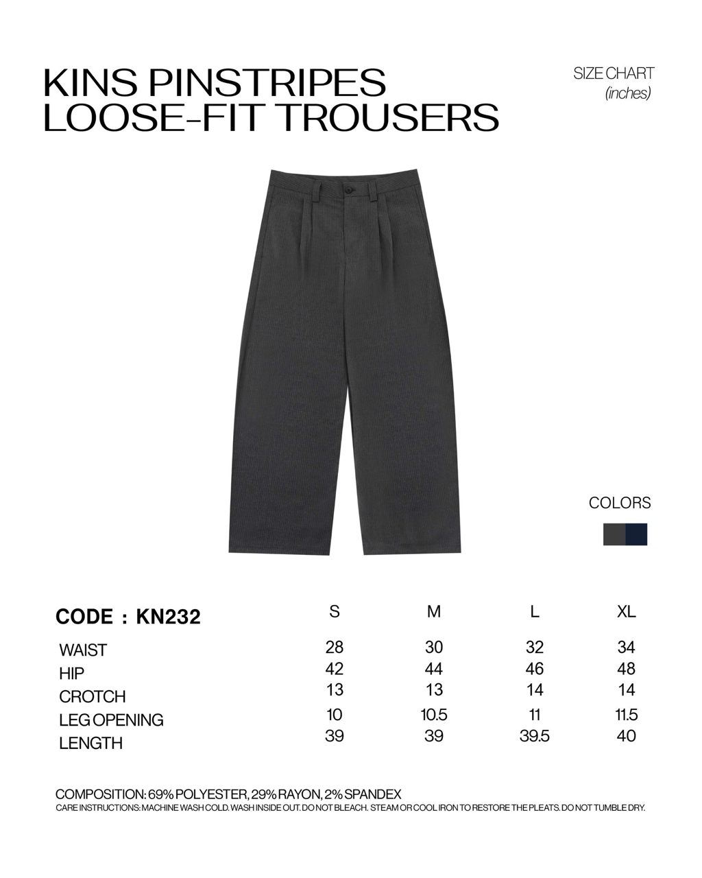 KINS 19 STUDIO |  KINS Pinstripes Loose-Fit Trousers[KN232] size chart