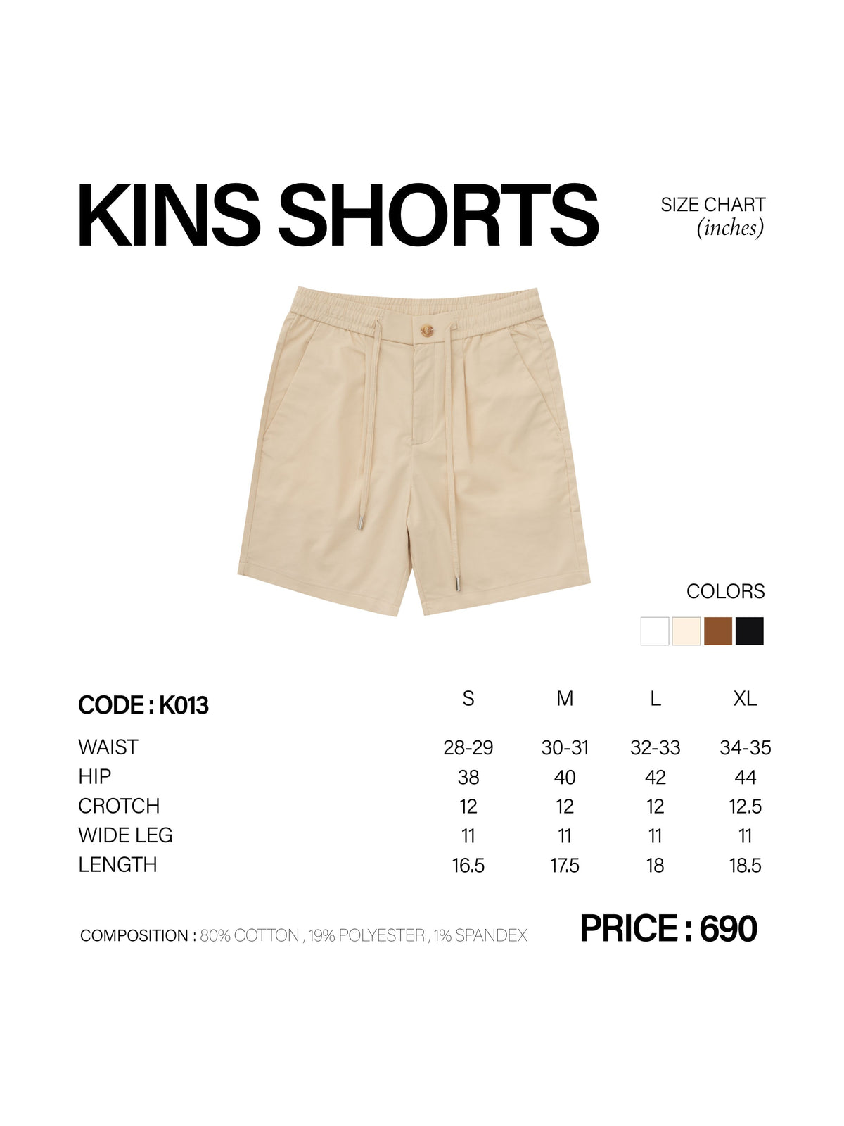 KINS | SHORTS K013 size chart