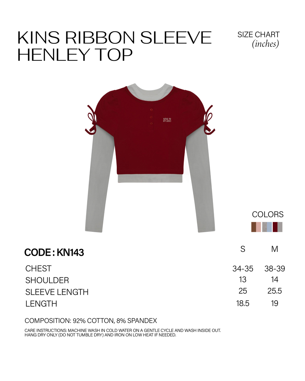 KINS Ribbon Sleeve Henley Top [KN143] size chart