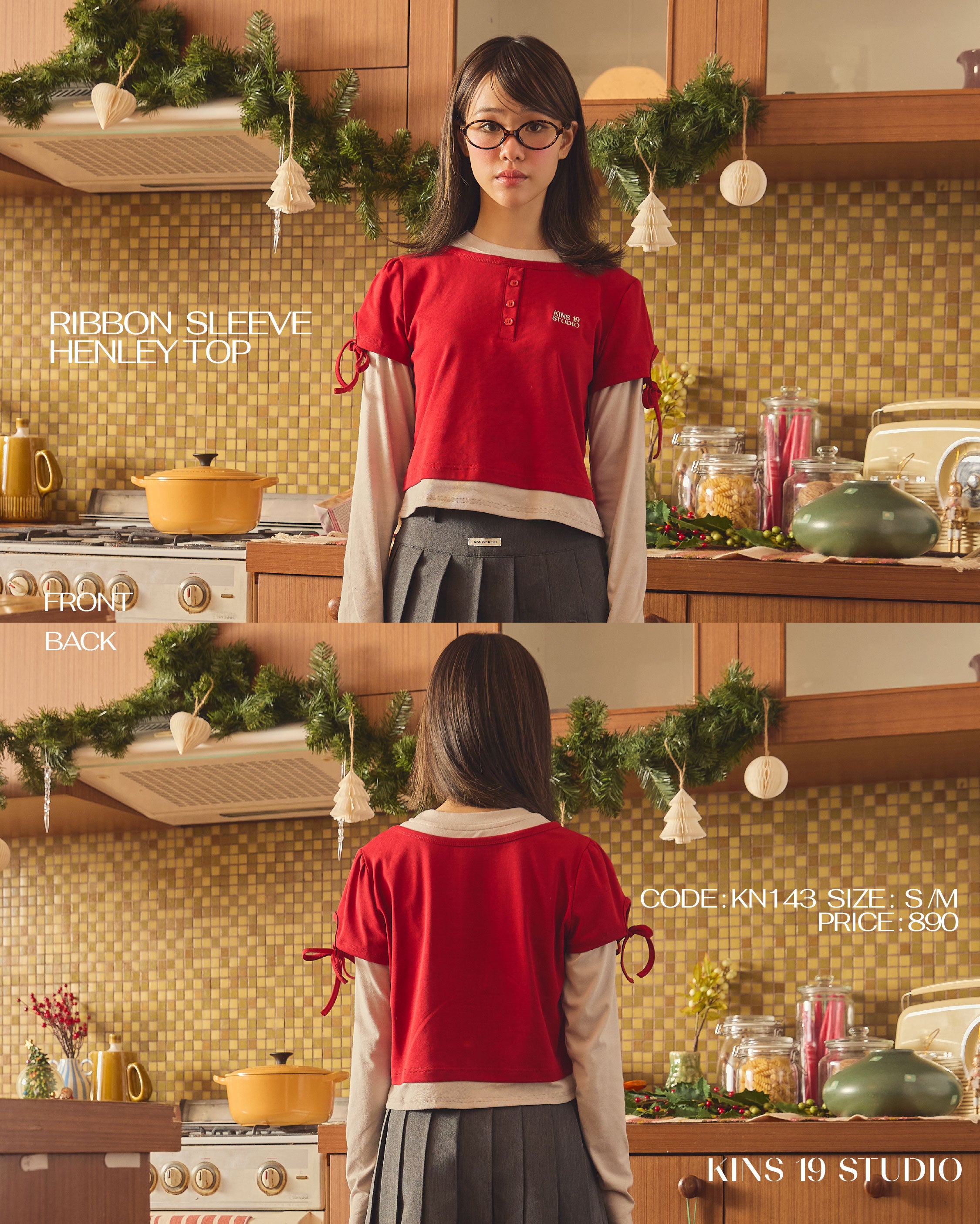 KINS 19 STUDIO | KINS Ribbon Sleeve Henley Top [KN143]