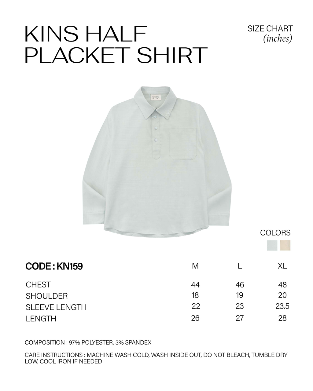 KINS 19 STUDIO |  KINS Half Placket Shirt [KN159] size chart