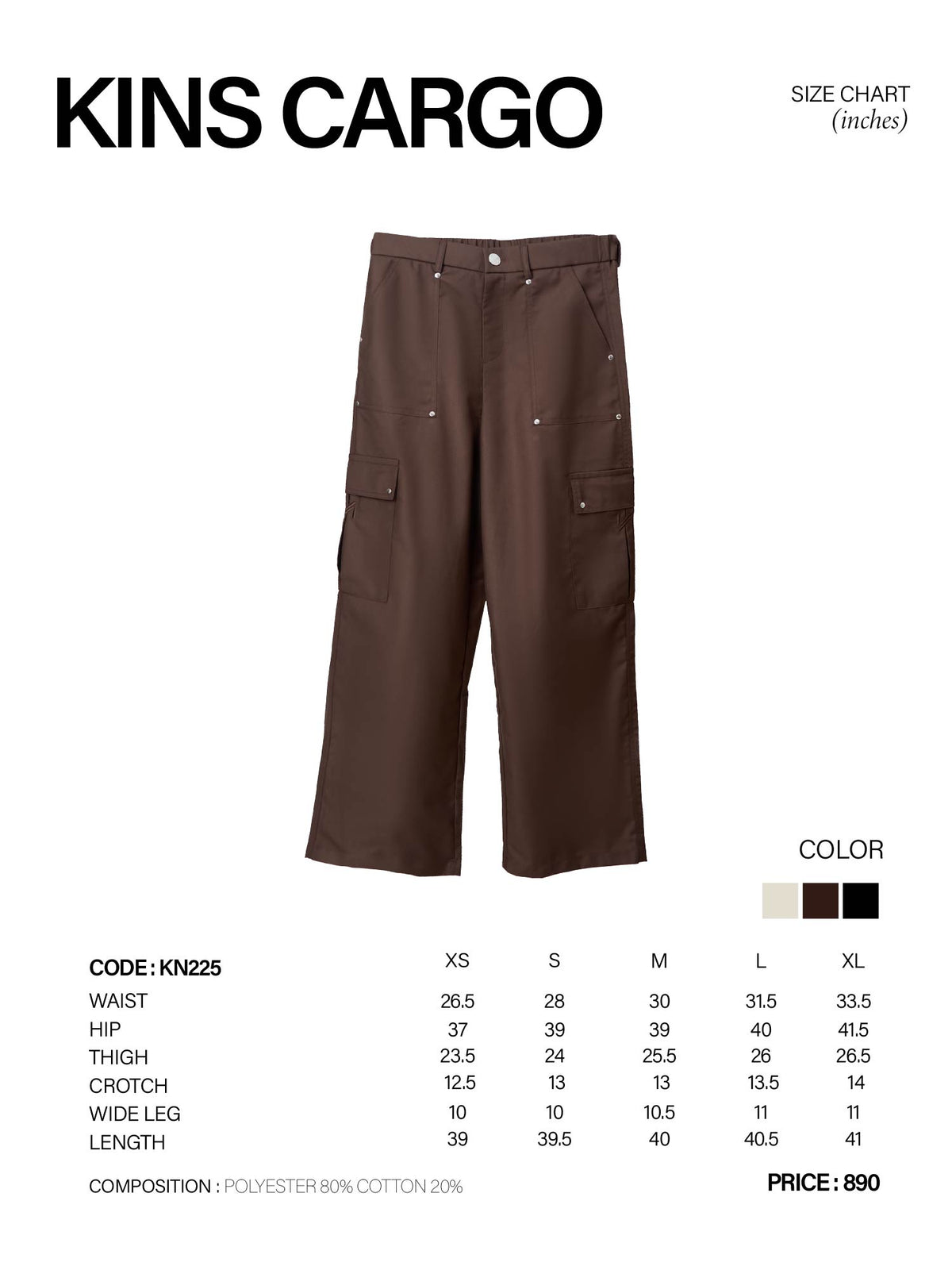 KINS | UNISEX CARGO PANTS KN225 size chart