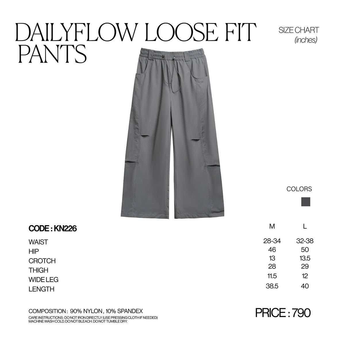 DAILYFLOW LOOSE FIT PANTS [KN226] size chart