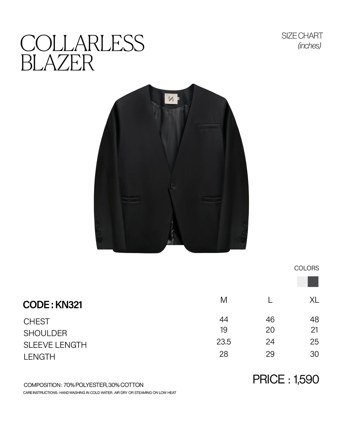 COLLARLESS BLAZER  [KN321] size chart