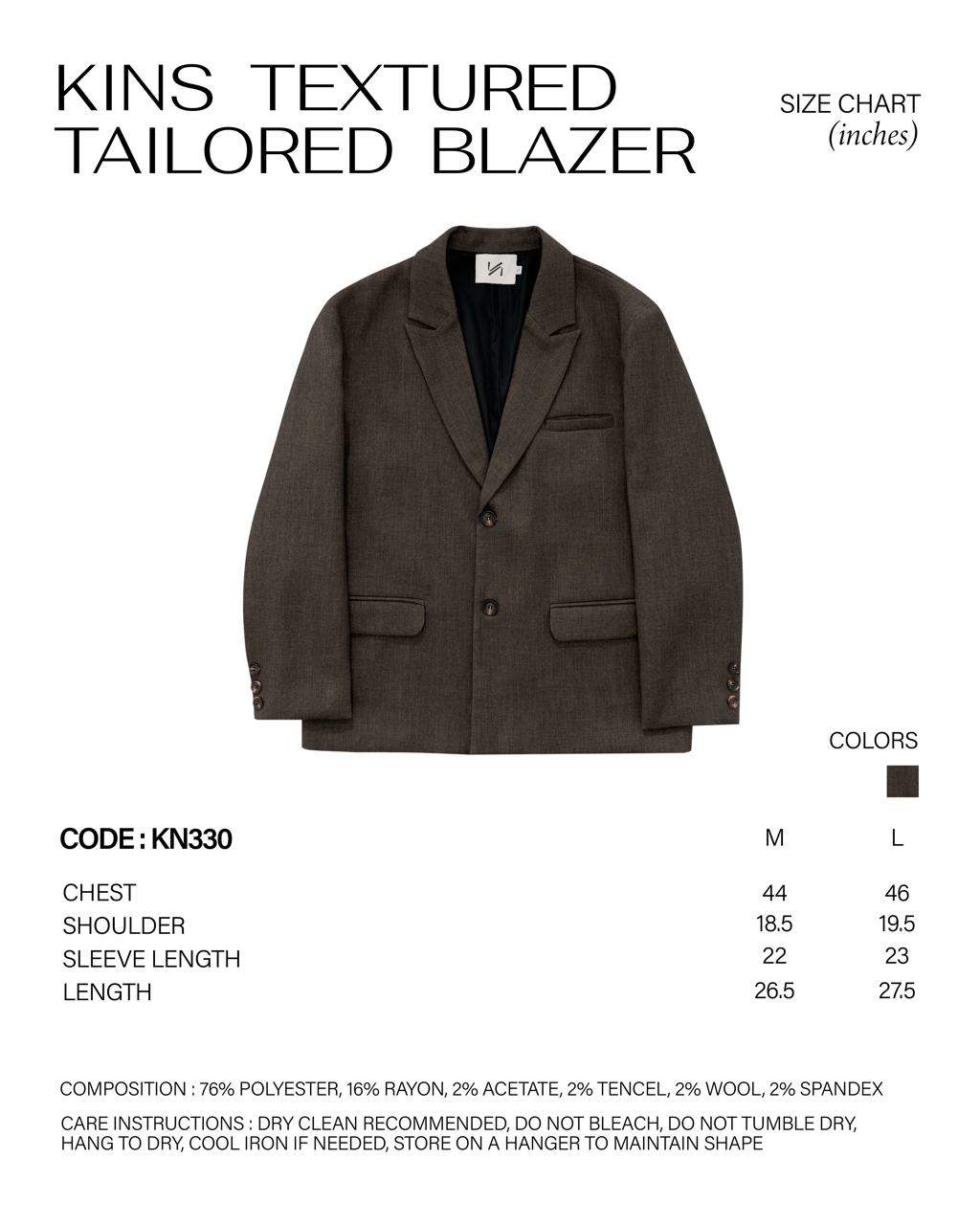 KINS 19 STUDIO |  KINS Textured Tailored Blazer [KN330] size chart