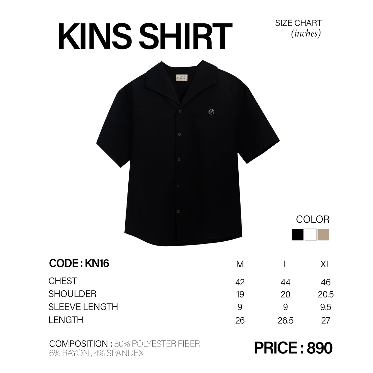 KINS | CUTAWAY SHIRT KS16 size chart
