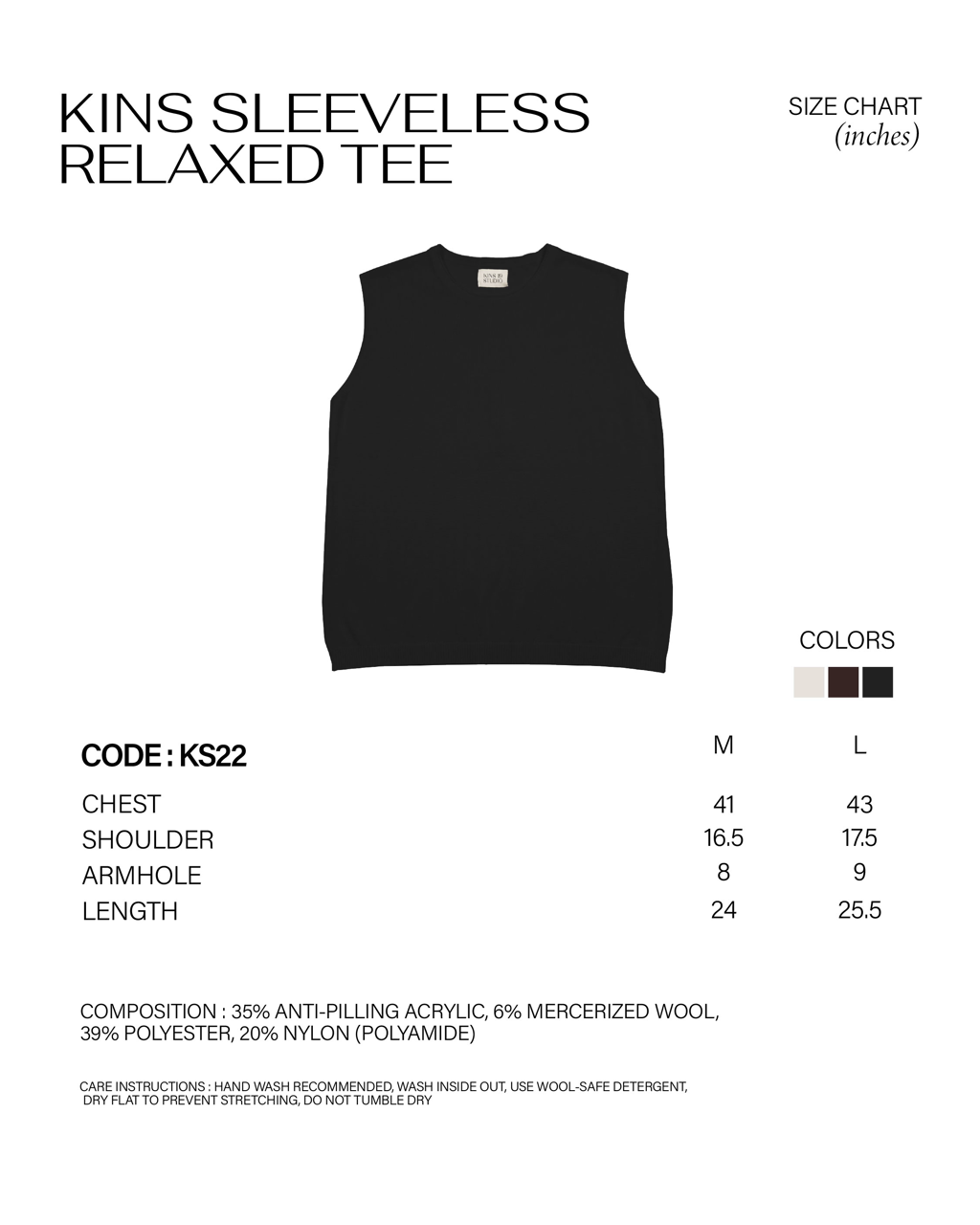KINS Sleeveless Relaxed Tee [KS22] size chart