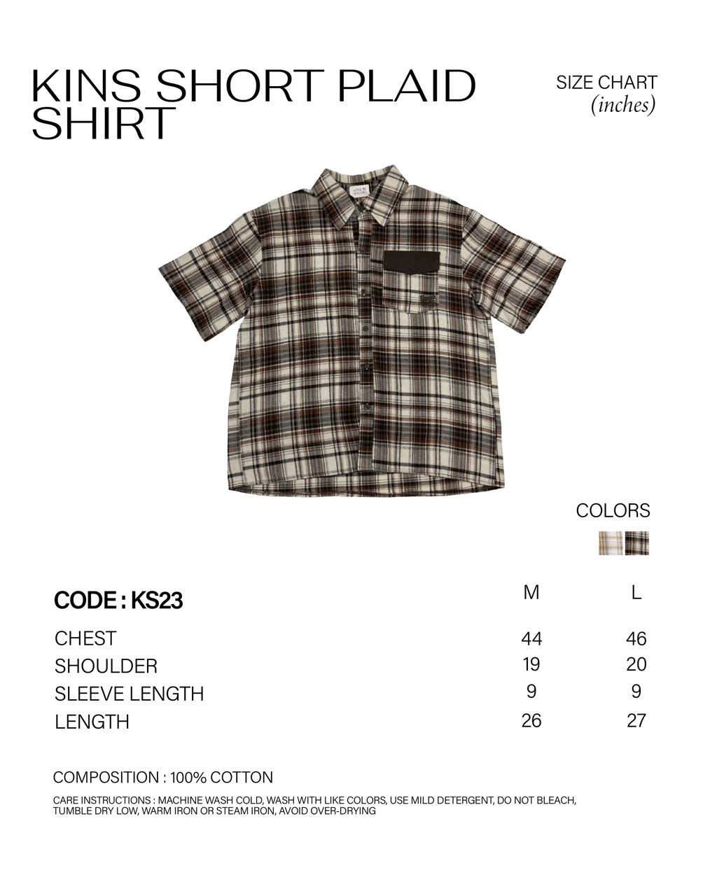 KINS Short Plaid Shirt [KS23] size chart