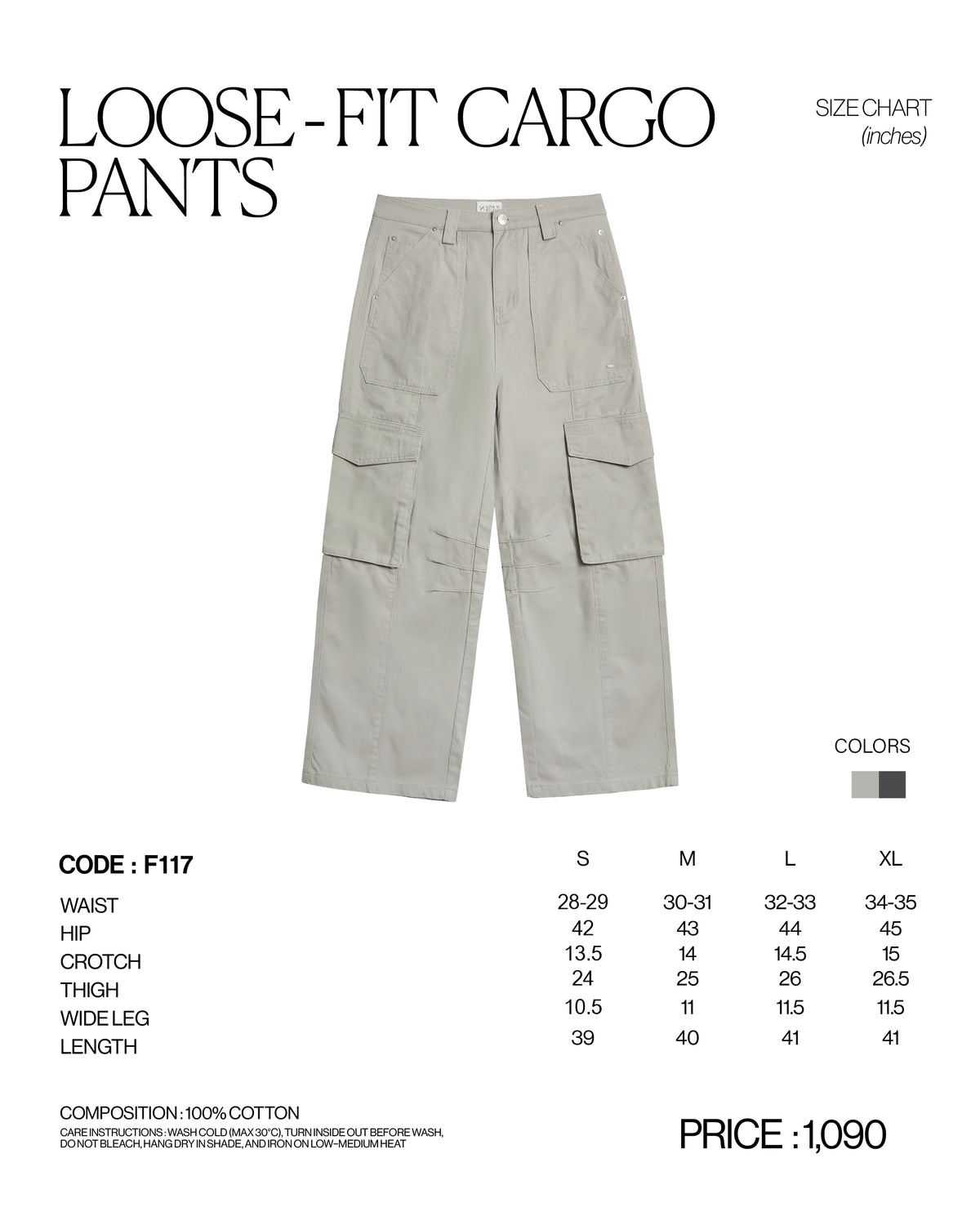 LOOSE-FIT CARGO PANTS  [F117] size chart