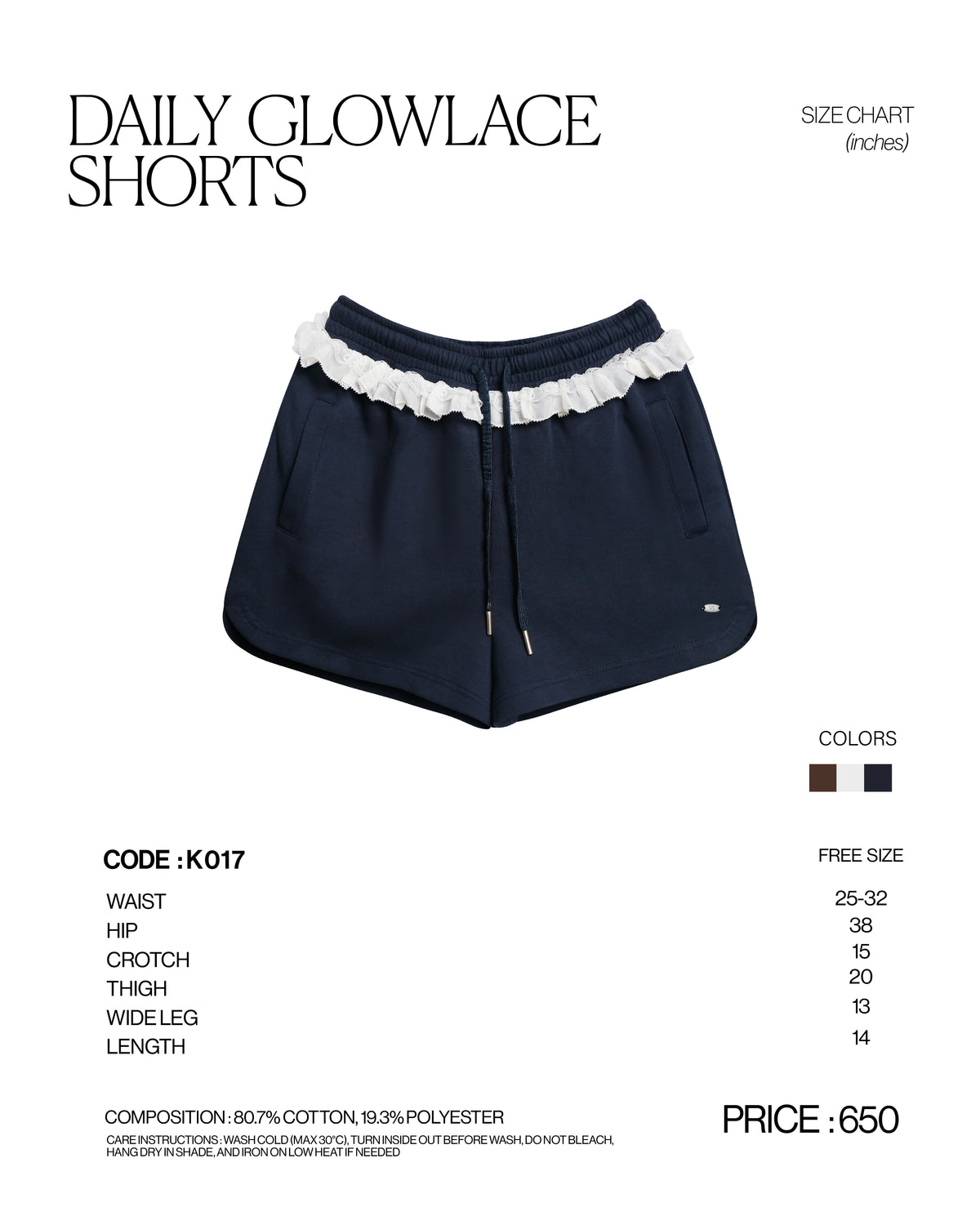 DAILY GLOWLACE  SHORTS [K017] size chart